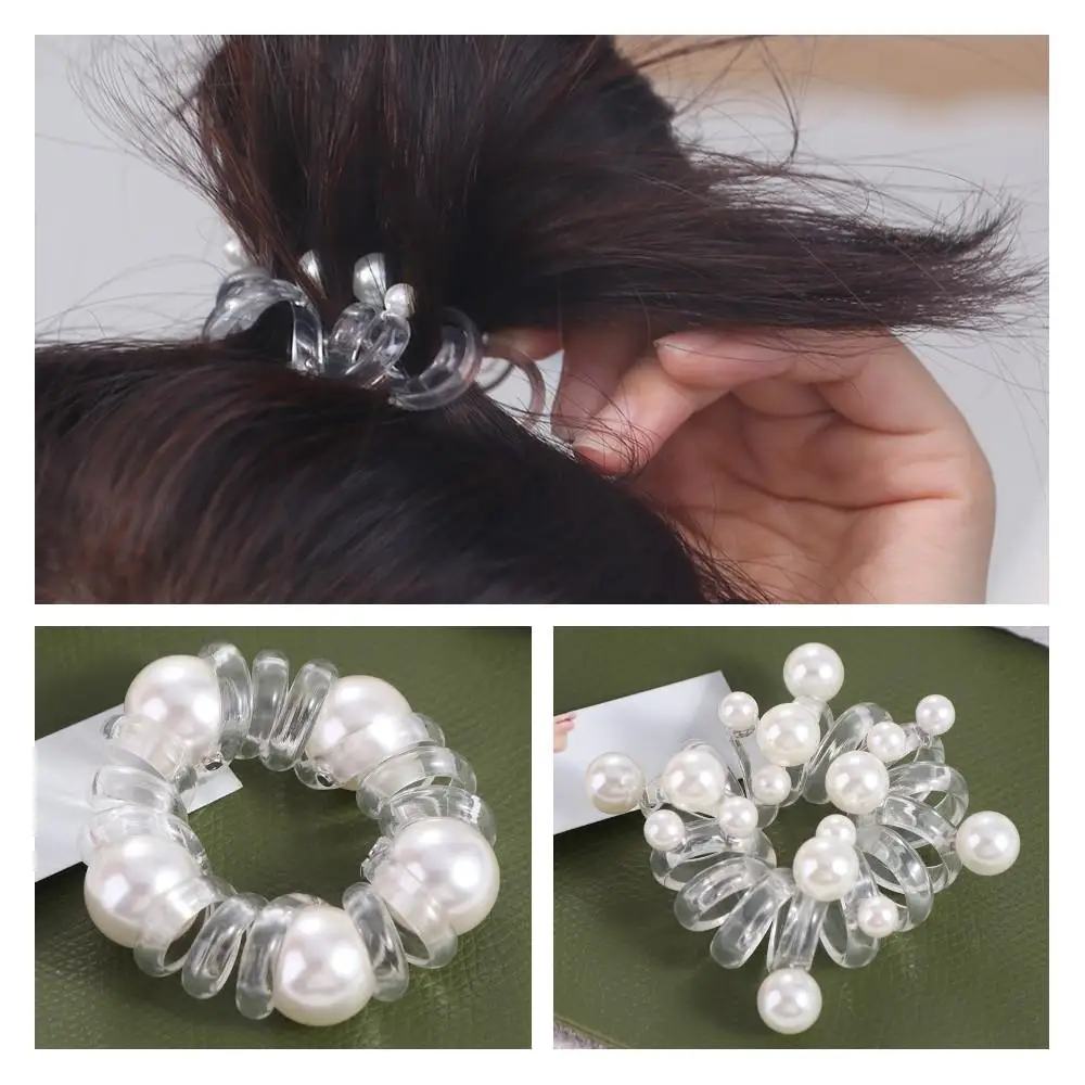 Elegant TPU Telephone Line Hair Rope Elastic Scrunchies Transparent Hair Ring Hair Ties Korean Style Pearl Ponytail Holder Party