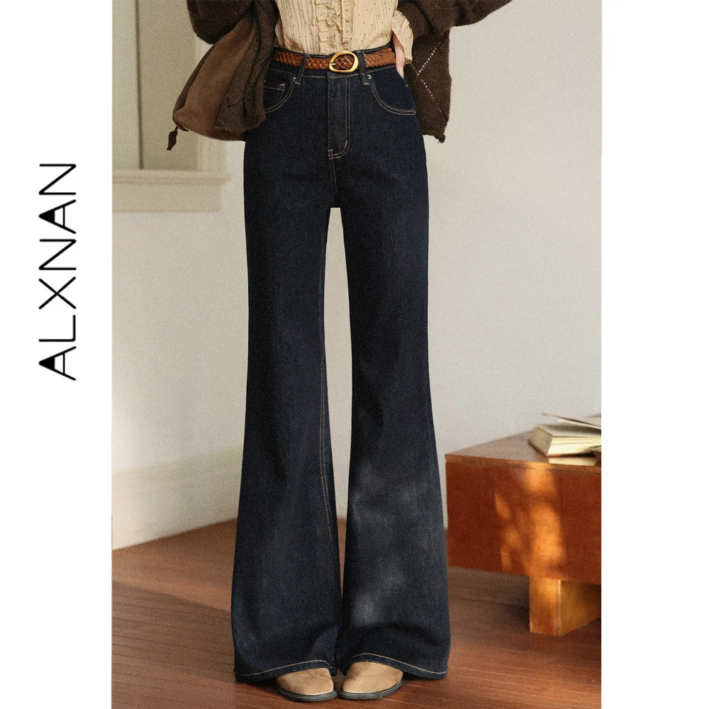ALXNAN Dark Blue Jeans for Women 2026 Autumn High Waist Wide Leg Straight Flared Long Pants Vintage Denim Pants Ladies L682131