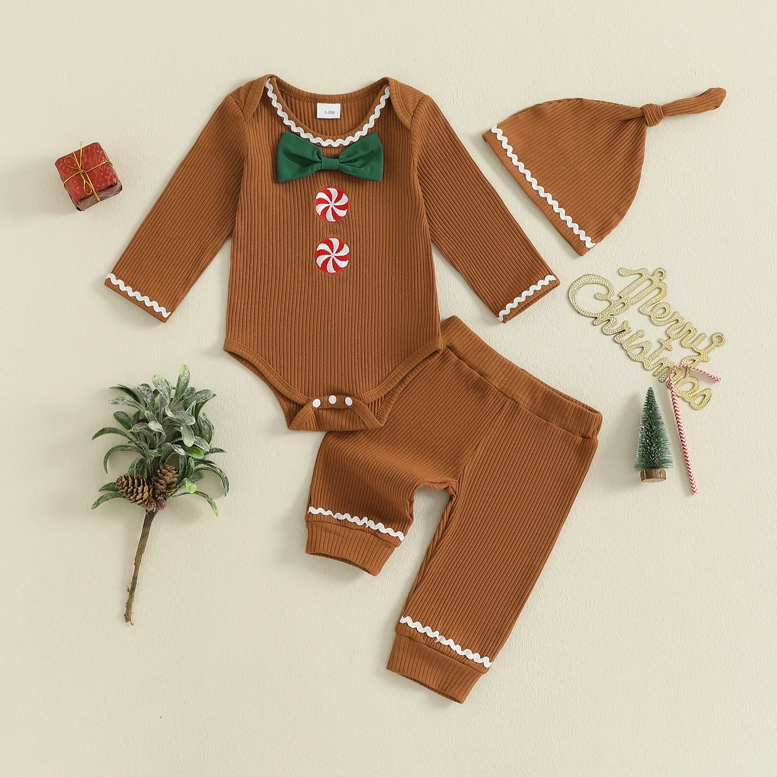 Infant Baby 3 Piece Outfit Long Sleeve Round Neck Gingerbread Man Bow Jumpsuit Hat Elastic Waist Pants Set Xmas Clothes