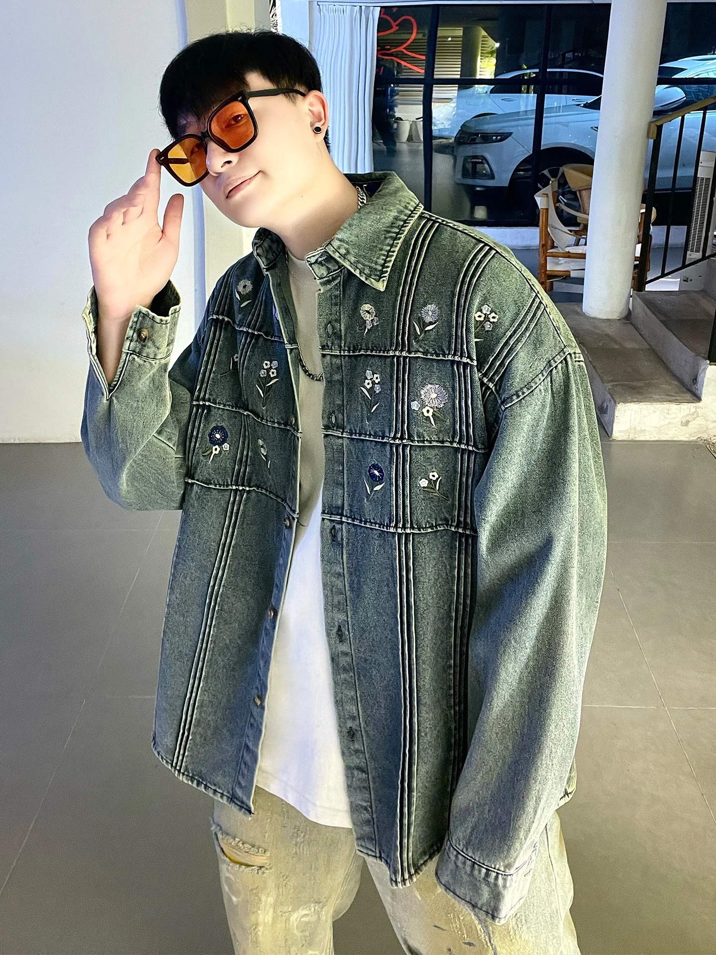 

Retro American Embroidered Washed Denim Shirt Loose Fit Unisex Spring Autumn Trendy Brand Versatile Casual Outerwear Coat