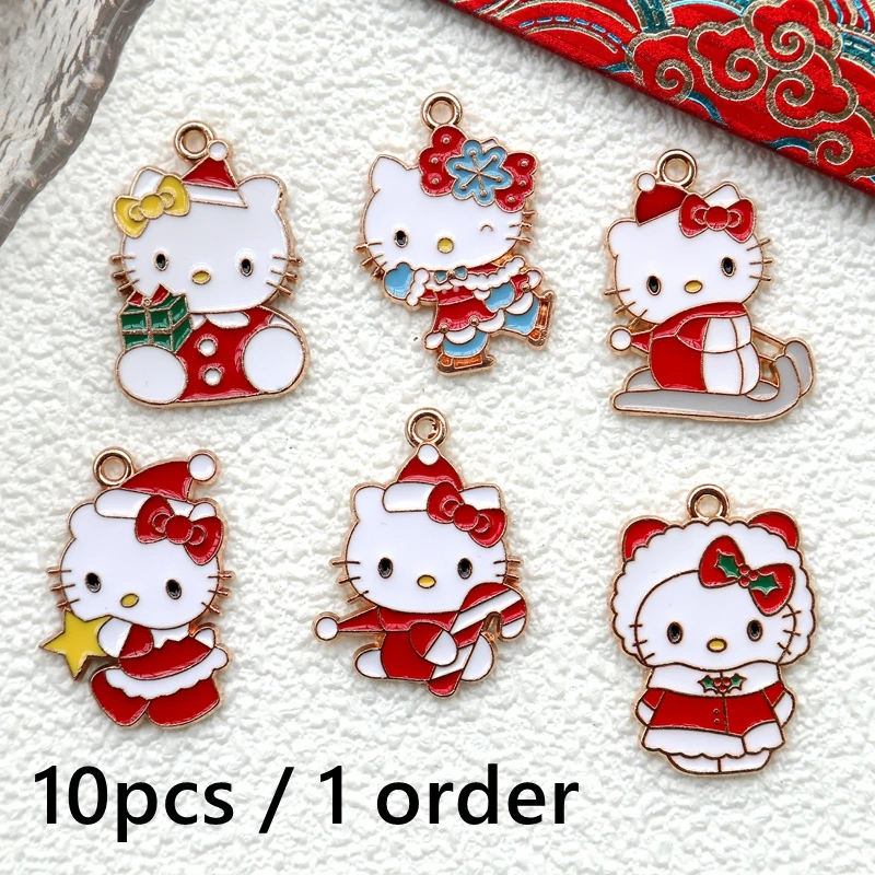 10PCS Christmas New Year Celebration Hello Kitty Alloy Pendant Cute Metal Charm DIY Necklace Bracelet Earings Keychain Accessory