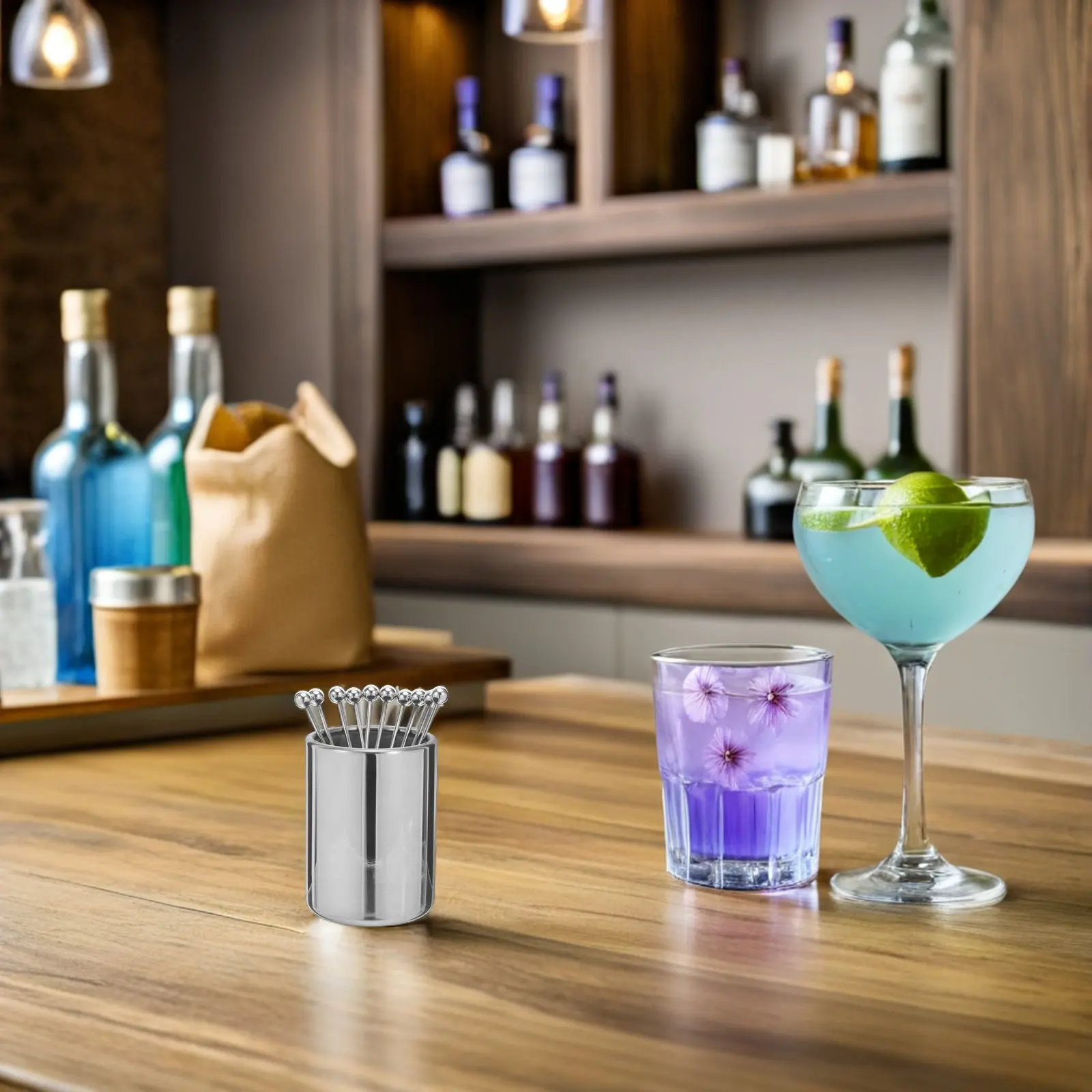 Juego de 1 set de palillos de acero inoxidable reutilizables para aperitivos y brochetas de cóctel con soporte para adornos de martini, aceitunas, frutas y bebidas decorativas