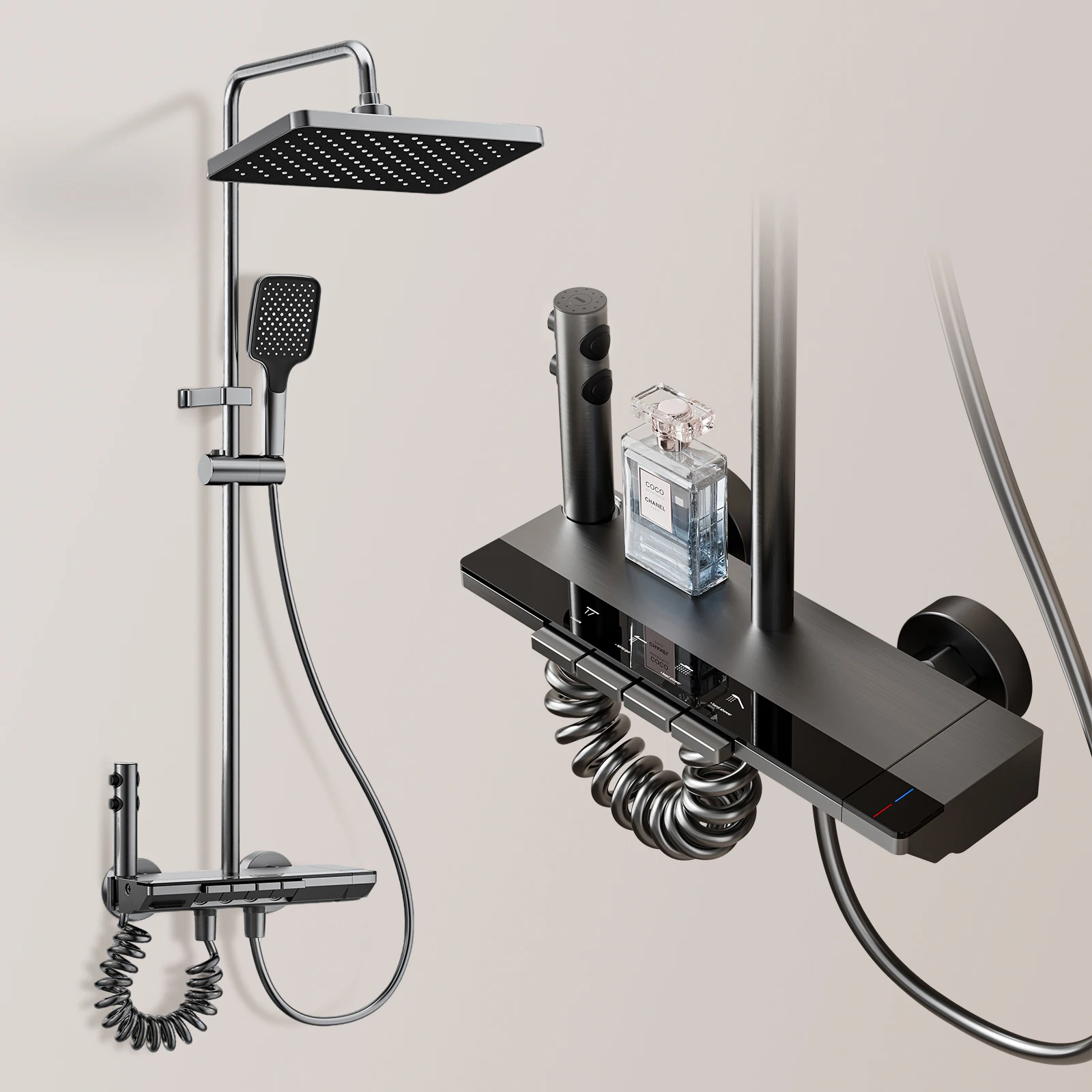 Set rubinetteria bagno con pulsanti multifunzione, termostatico e colonna doccia, controllo acqua calda e fredda
