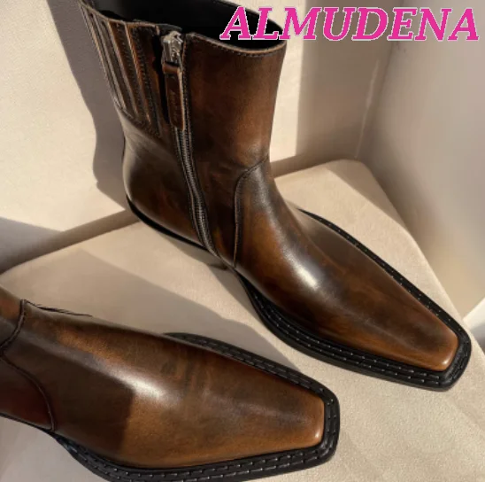 Women Brown Chunky Wedges Ankle Boots Vintage Square Toe Leather Chelsea Boot Street Punk Style 2023 New Shoes Free Shipping