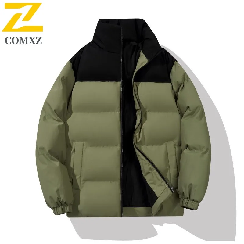 COMXZ Men Bread Jacket Trendy Classic Color Blocking Camping Picnicking Winter Padding Travel Windproof Streetwear Parker Coat