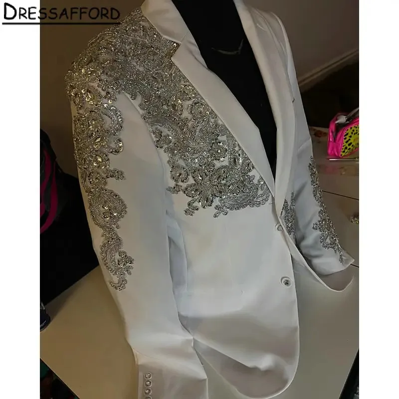 White Men Suits Two Pieces Appliques Beading Evening Party Blazer Groom Wear ( Jacket + Pants )