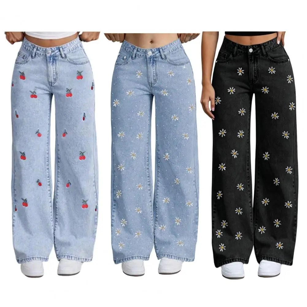 

Girl's Bow Cherry Print Baggy Jeans, Wide Leg Stretchy Slim Jeans Zipper Fly Elastic Casual Jeans Streetwear with Pockets