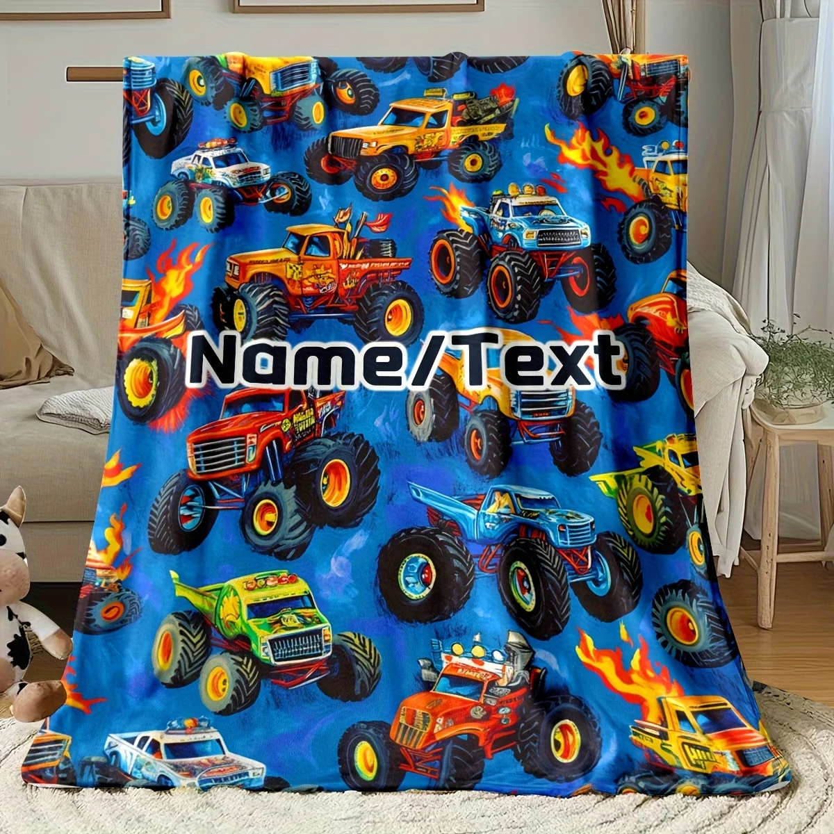 Custom Monster Truck Blanket Name Text Design Colorful Vehicles Soft Fleece Throw Kids Gift Home Decor Art