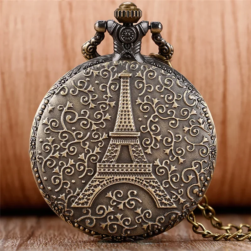 Bronze Hollow Out Eiffel Tower Exquisite Unisex Quartz Pocket Watch Pendant Sweater Chain Souvenir Collection Gift for Men Women