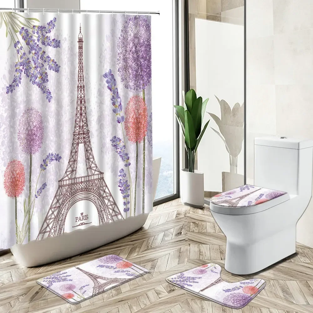 Tower Shower Curtain Purple Lavender Flowers Paris Famous Architectural Art Home Decor Bath Mat Toilet Cover Bathroom Carpet Set