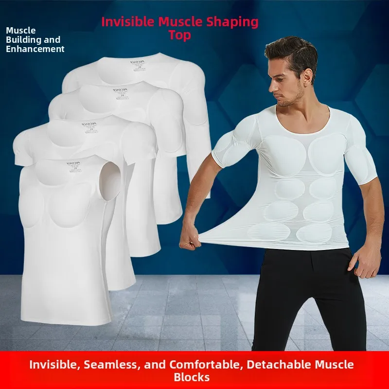 Invisible Realistic Men's T-shirt with Fake Chest And Abdominal Muscles Short Sleeve Slim Fit Muscle Building Costume