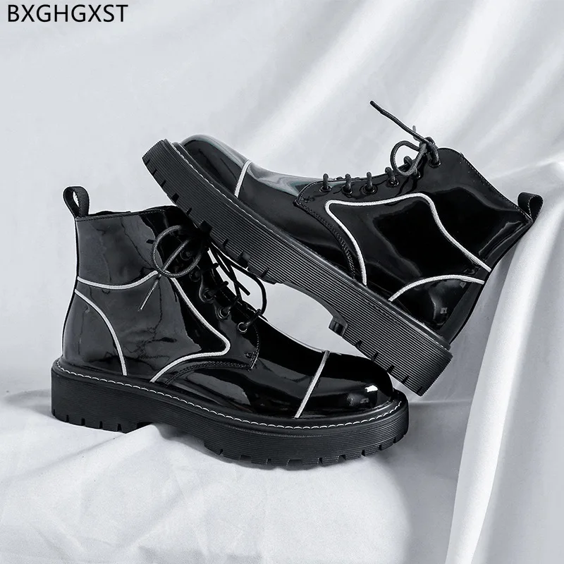 Patent Leather Boots for Men Male Motorcycle Boots Men Casual Shoes Stivali Black Boots Man White Platform Shoes for Man 2024