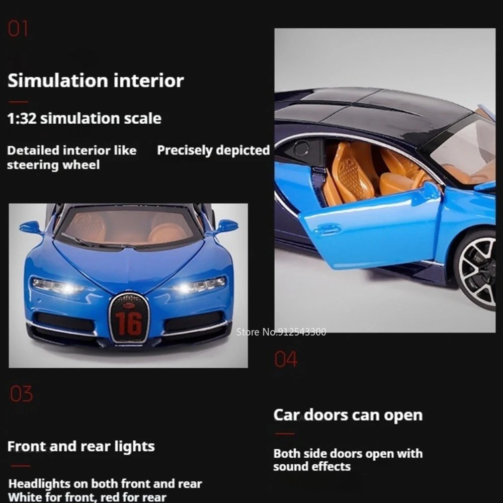 1:32 Scale Chiron Divo Car Model Toy Doors Opened Sound Light Models Pull Back Alloy Body Vehicle for Enthusiasts Birthday Gift