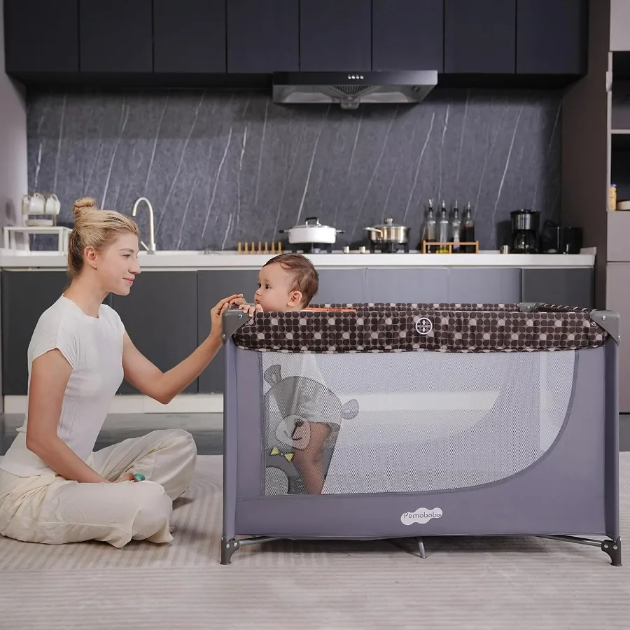 Cercadinho portátil para berço com colchão e bolsa de transporte cinza