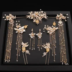 Chinese Wedding Dress Headwear Hanfu Ancient Headdress Xiuhe Style Ethnic Golden Tassel Hair Accessories Jewelry