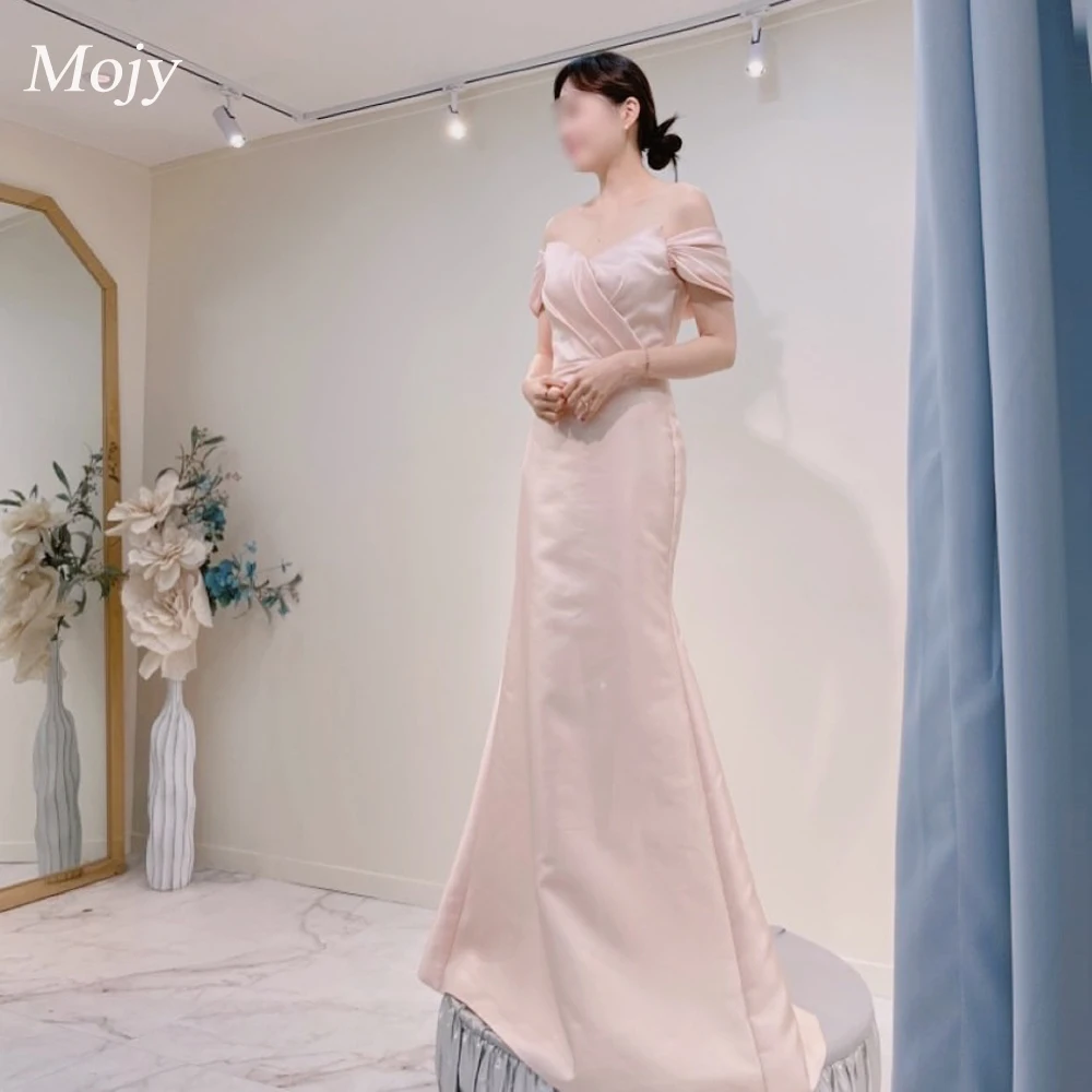 Mojy Elegant Light Pink Silk Satin Mermaid Evening Dresses Criss-Cross Off the ShoulderGowns Customized Special Party Dresses