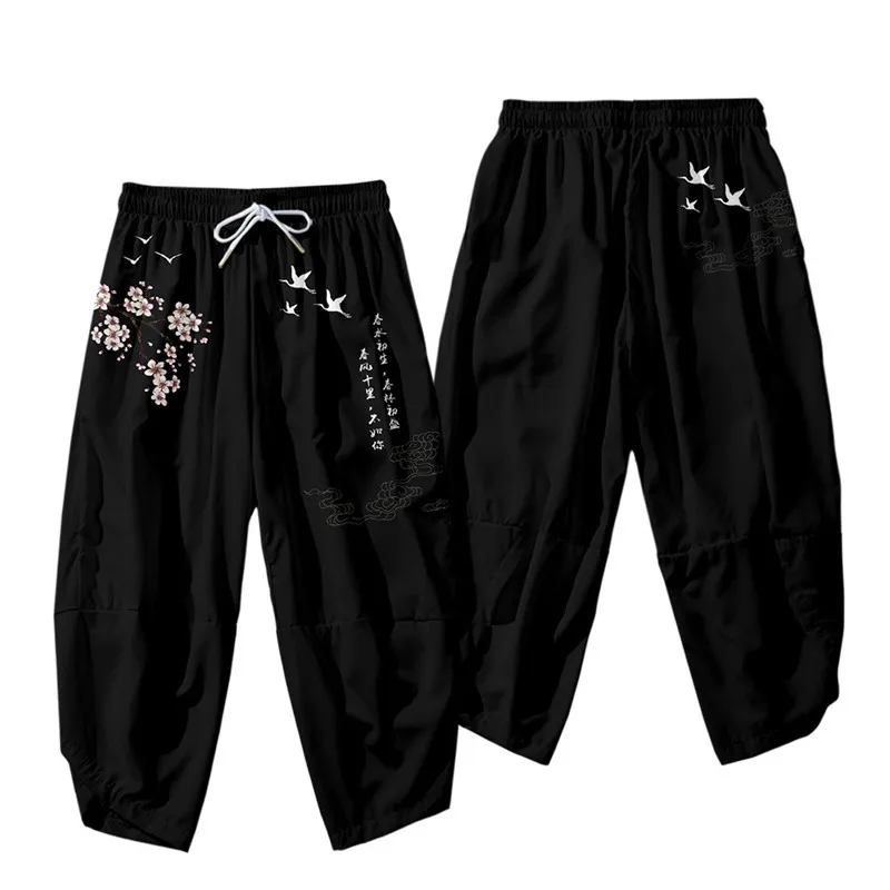 Japanese Kimono Pants Vintage Bloom Pants Harajuku Crane Print Casual Trousers Women Men Traditional Asian Clothing