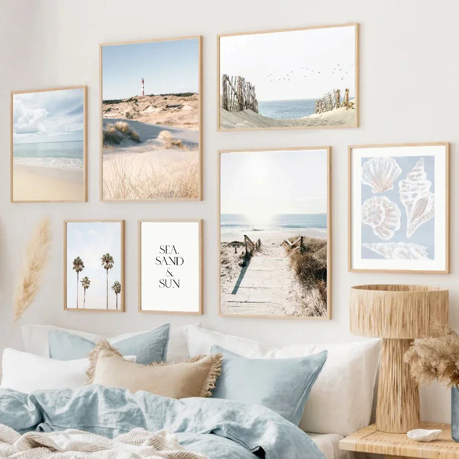（2D Canvas painting） Sea Beach Reef Conch Coconut Tree Seascape Wall Art Canvas Painting Nordic Posters And Print Wall Pictur
