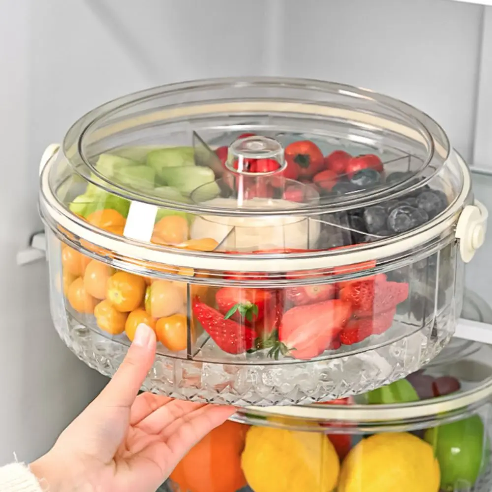 

Divided Picnic Fruit Preservation Tray Transparent Foldable Handle Fruit Storage Container Round Double Layer