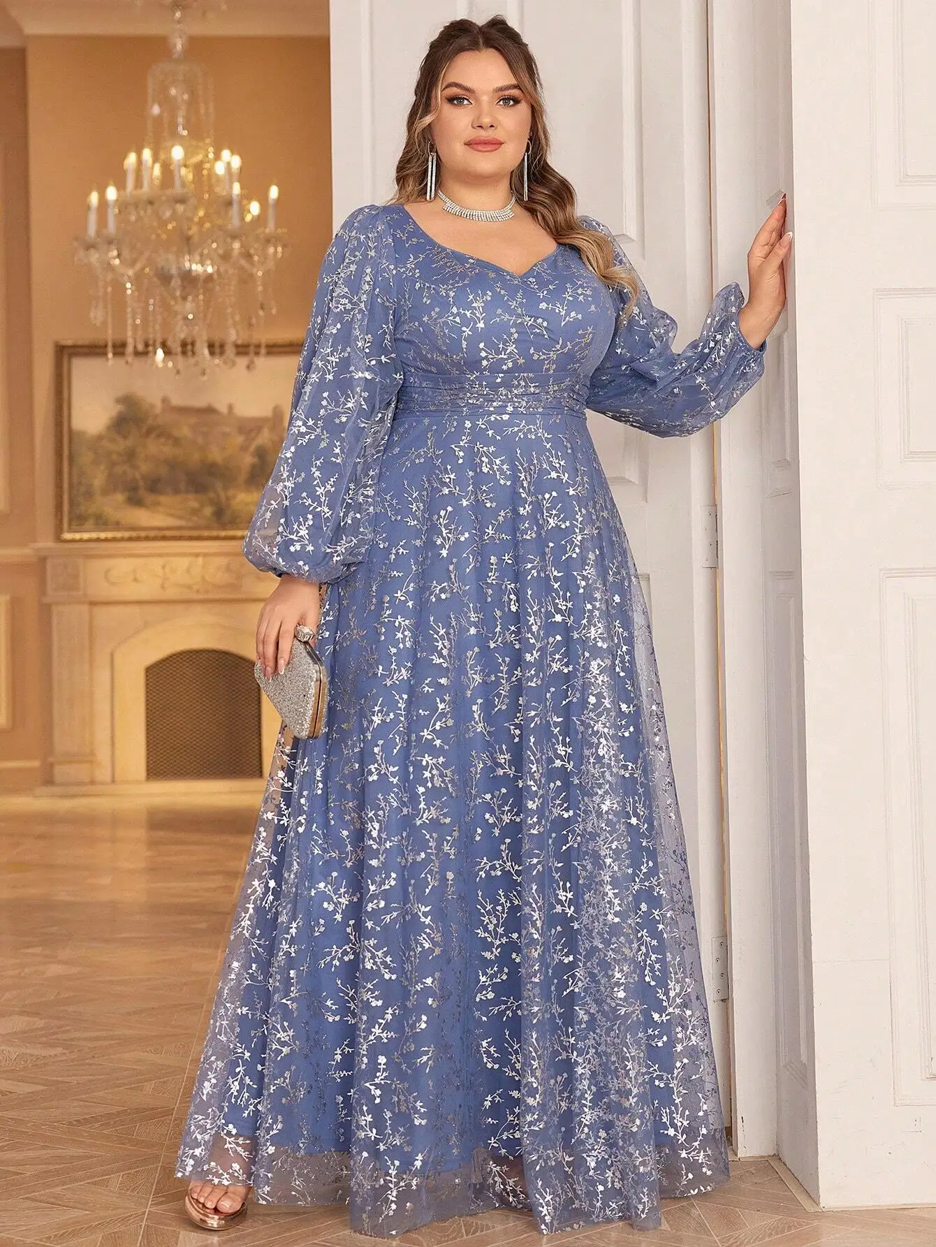 

Вечернее платье в пол для женщин больших размеров с цветочным принтом, V-образным вырезом и рукавами-фонариками