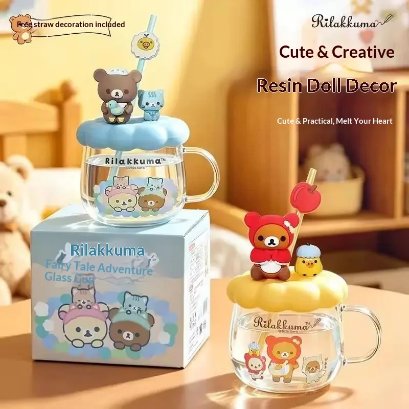 Rilakkuma Glass Water Cup With Lid Straw High Temperature Resistant Cute Cartoon Drinking Mug For Office Home Daily Use