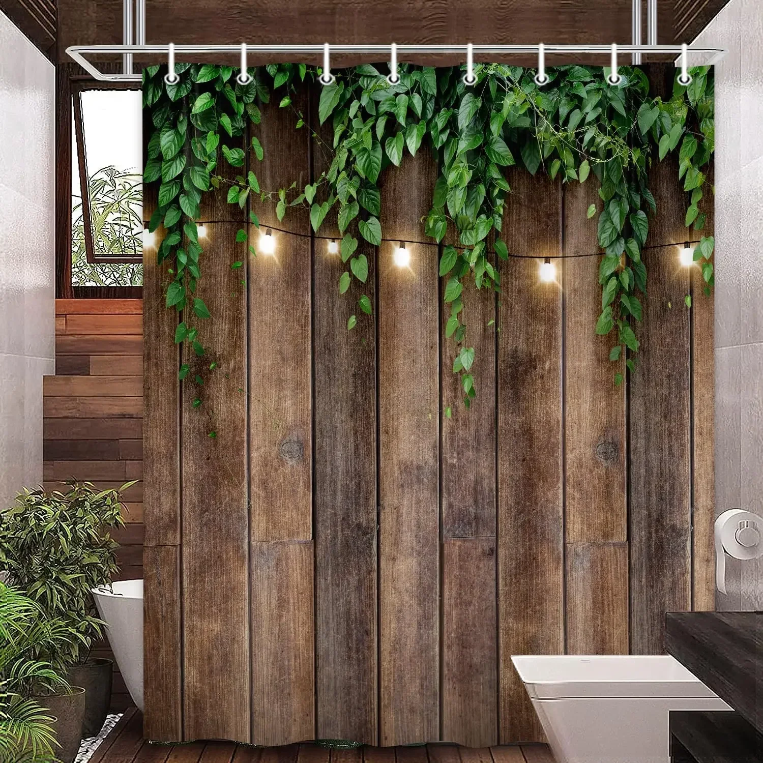 Rustic Outdoor Wall Shower Curtain Brown Camo Vintage Veneer Door Green Leaf Farm Brick Wall Polyester Bathroom Decor Curtains
