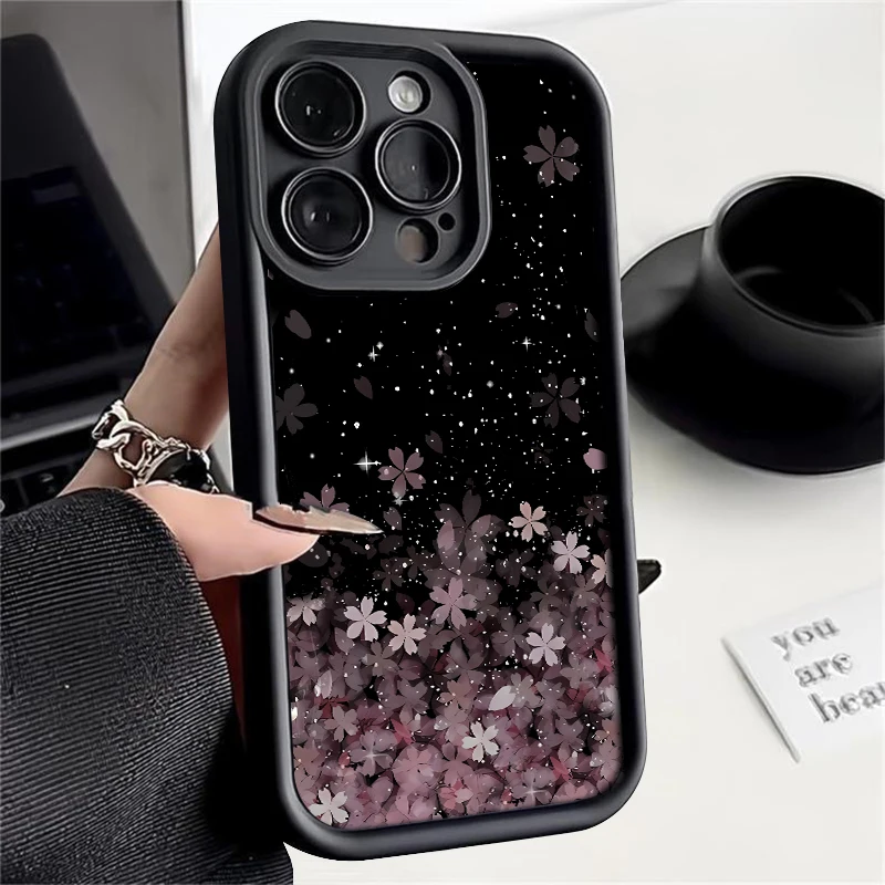 Gradient Cherry Blossoms Phone Case For iPhone 16 15 Pro Max Plus 14 13 Pro Shockproof Soft Silicone Candy Color TPU Back Cover