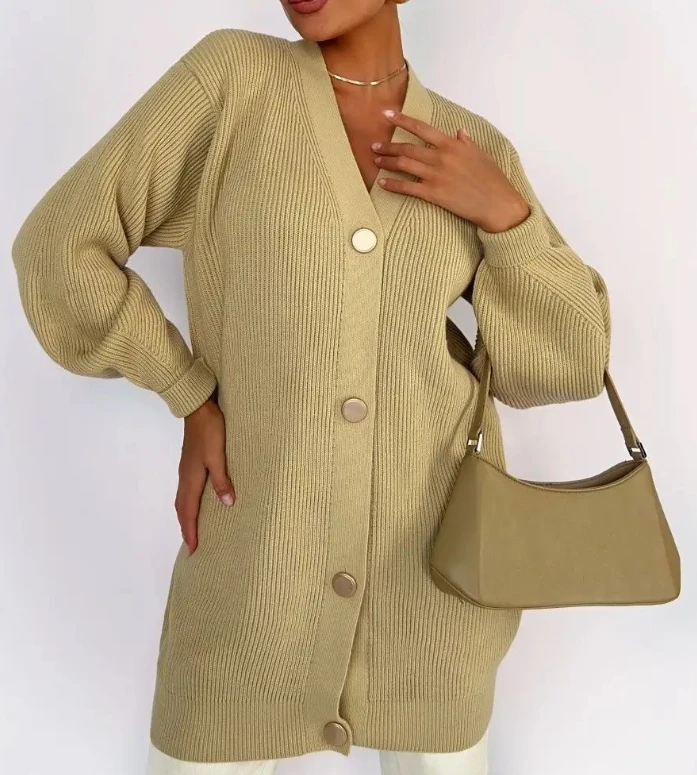 

Cardigan for Women 2025 Autumn Solid Color Casual Versatile Loose V-Neck Long Sleeved Medium Length Knitted Cardigan