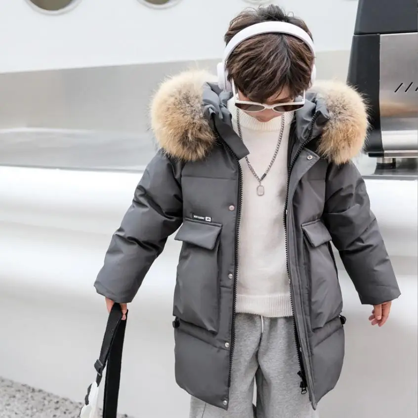 Boy Down Jacket Winter New Rela Fur Collar Down Outerwear Children Loose Thicker Big Pocket Down Coats 6-14 Years Wz1270