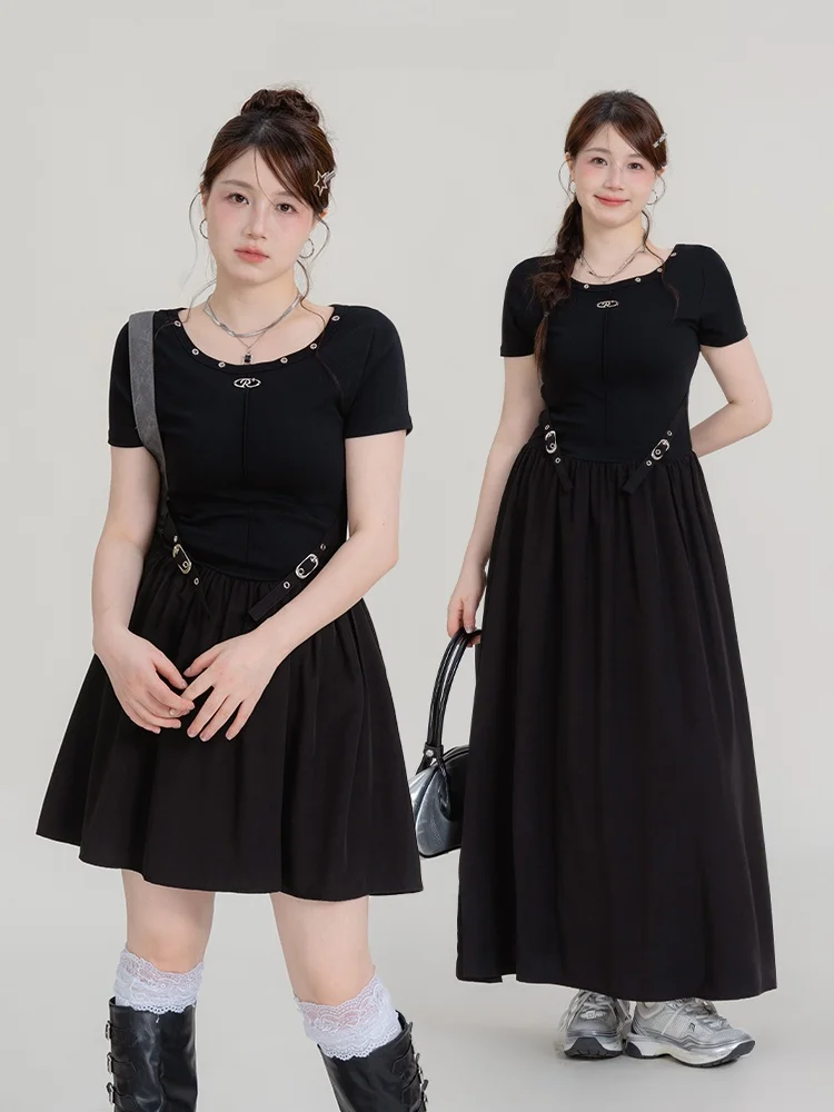 

Heynew Sweet Cool plus Size Women's Dress Short Sleeve A-Line Silhouette Korean Style Commute Cotton Blend Slimming Black Dress