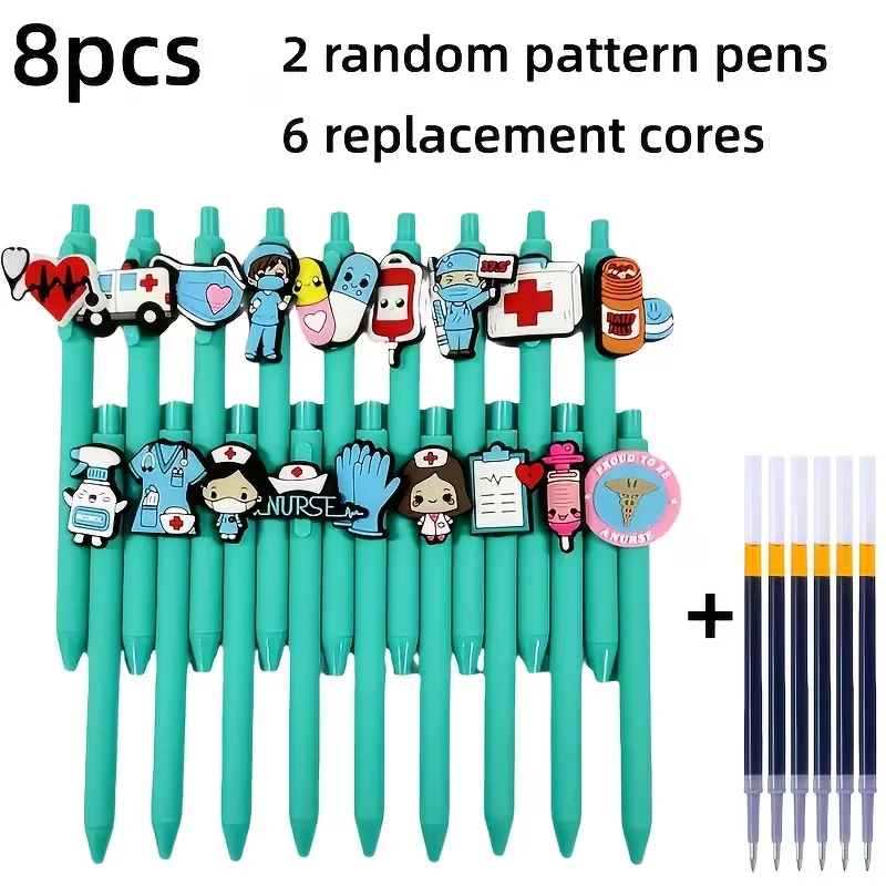 8PCS back to school medical styling series retractable ballpoint pen, color random 2 pens+6 pen cores