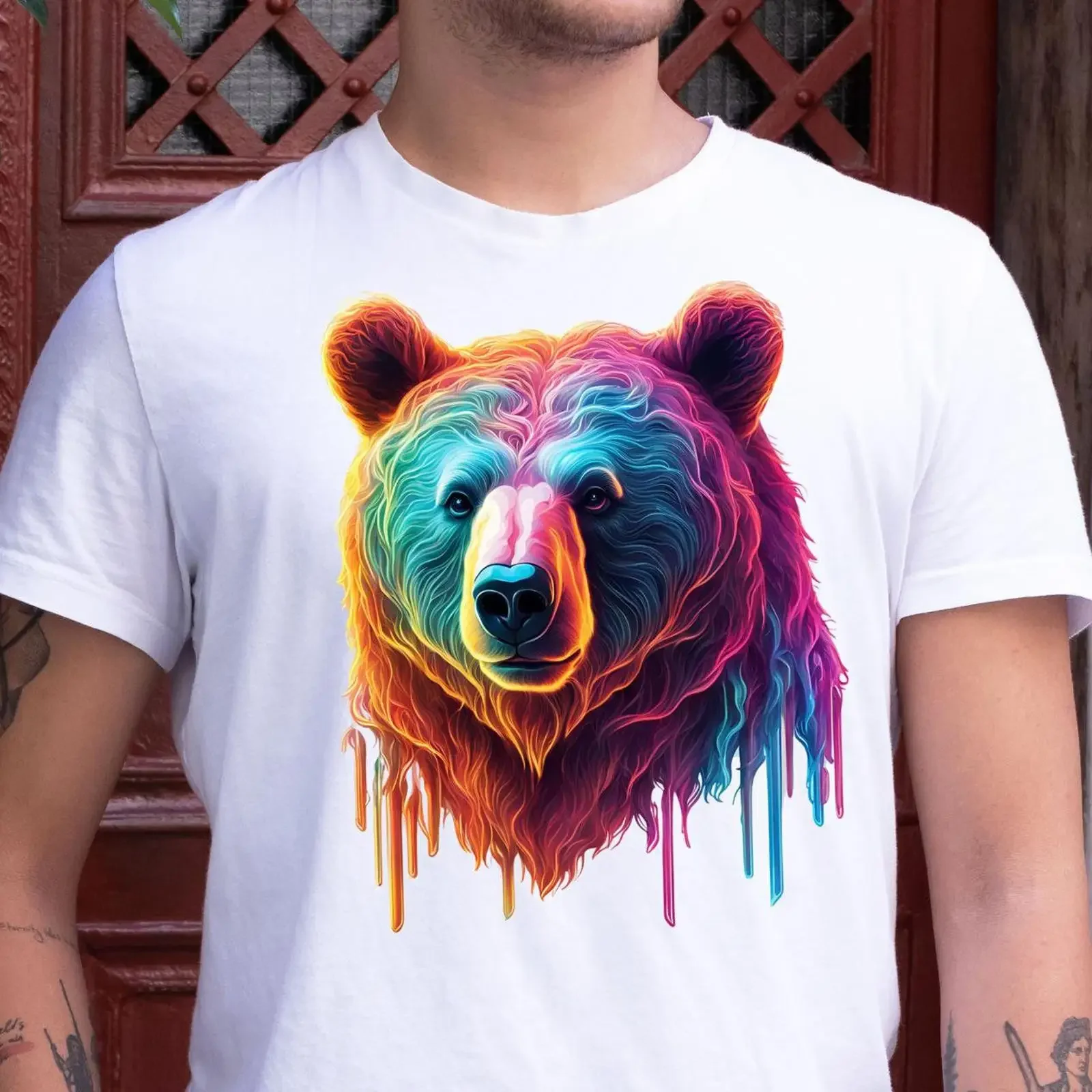 Color Drip Bear T Shirt Multicolor Design Dripping Paint SweaT Vibrant Artistic  vintage Washed Slightly Casual Stretched