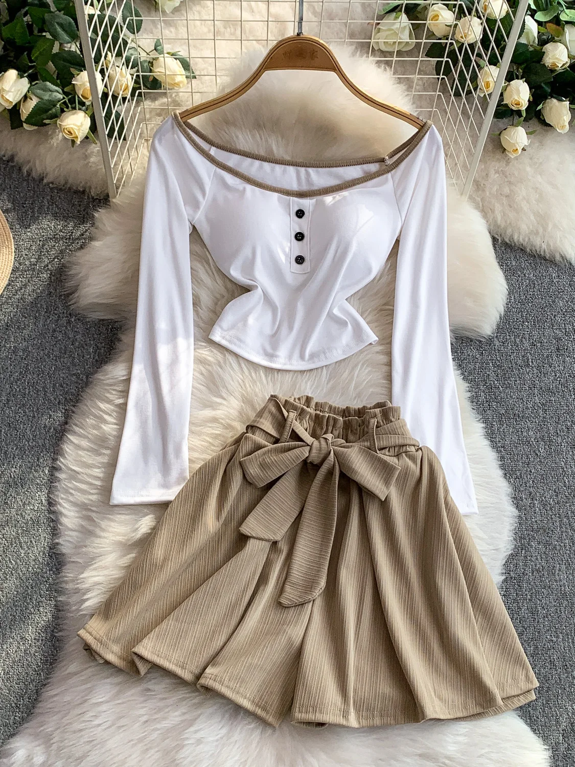 Conjunto Casual de Calças de Cintura Alta e Sem Alças, Calças de Pernas Largas, Top com Laço, Conjunto Slimming de Duas Peças