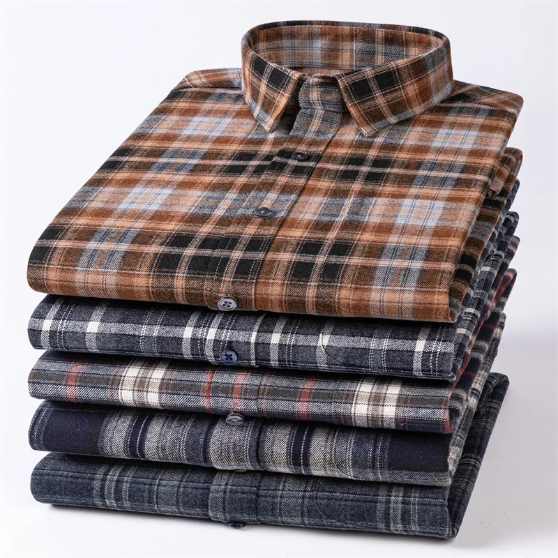 100%Pure Cotton Plaid Flannel Shirts For Men Long Sleeve  Fashion Casual Soft Standard-Fit Man Shirt Blouse Clothes 6XL 7XL