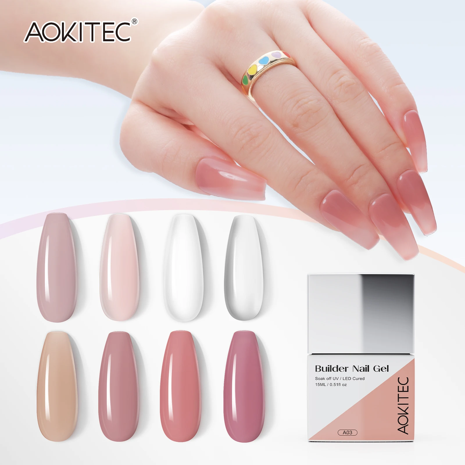 Aokitec 2/3/8PCS 15ML Builder Nail Gel Self Leveling Gel Pink Build Nail Apex & C-Curve Strengthen for Nails Repair Care