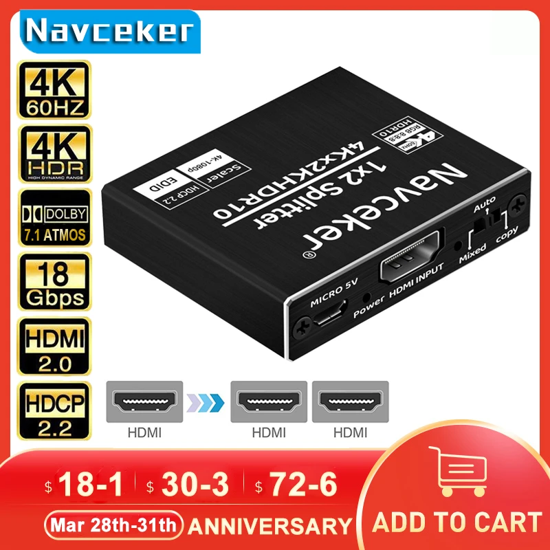 Rozdzielacz HDMI 1x2 4K 60Hz, wzmacniacz i dystrybutor wideo, podwójny wyświetlacz do dekoderów, PC, monitorów, projektorów, laptopów