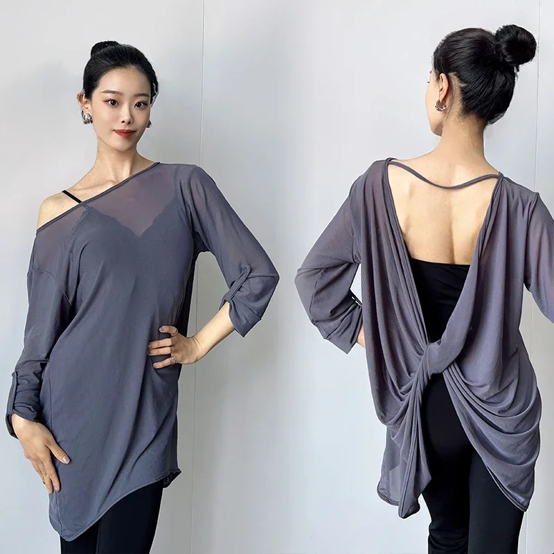 

Latin Dance Clothes Loose Gray Black Tops Backless Practice Wear Women Rumba Modern Dance Shirts Salsa Dance Costume DNV20605