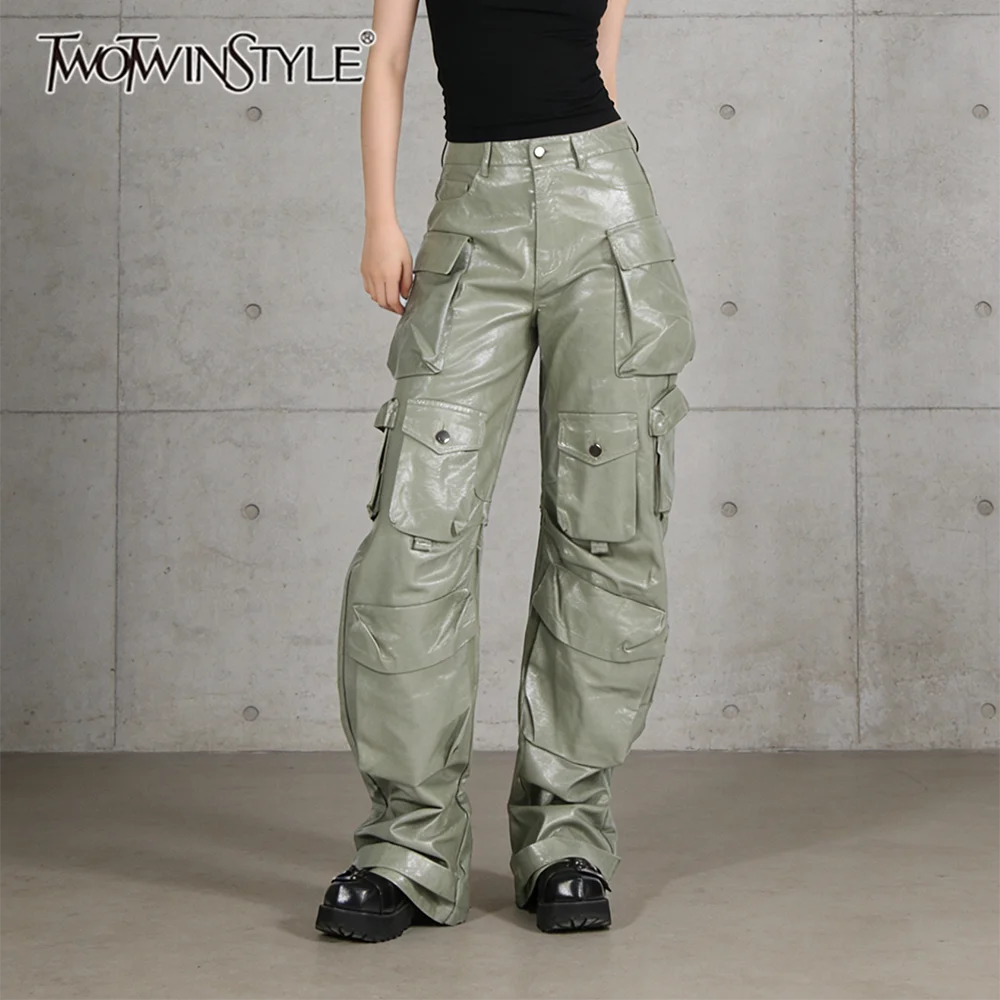 TWOTWINSTYLE Solid Loose Spliced Pockets Fashion Pants for Women High Waist Patchwork Metal Buttons Leather Pant Female Clothing