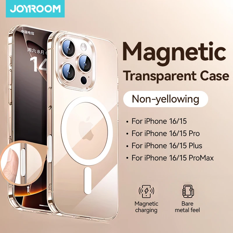 Joyroom Magnetic Case For iPhone 16 15 Pro Max Case For iPhone 16 Pro Anti Yellow Transparent Cover Wireless Charger Thin Cover