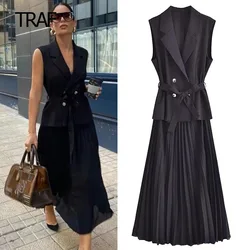 TRAF Autumn Dresses For Women 2023 Pleated Black Dresses Ruffled Sleeveless Bow Dress With Belt Elegant And Pretty Women Dress