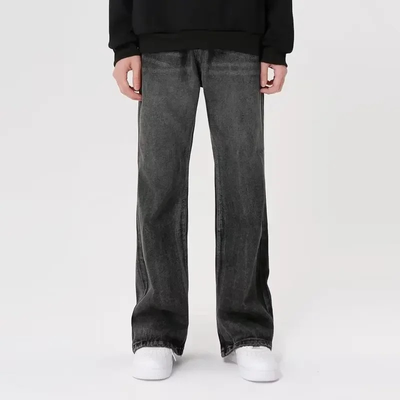 리비엘리 사계절 남성 한국 루즈 스트레이트 블랙 진 팬츠 캐주얼 트렌디 와이드 레그 홀 하이 스트리트 데님 트라우저 남성 S