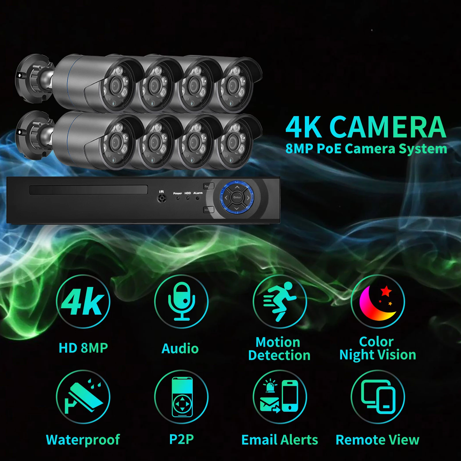 

AZISHN 8CH 4K POE Video Surveillance Camera System 8MP Face Detection AI Audio Security IP Cam Outdoor CCTV NVR Set Email Alerts
