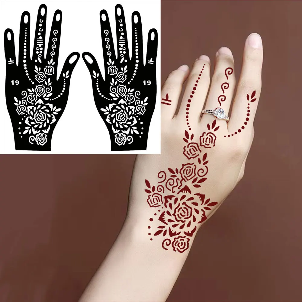 2pcs Flower Pattern Tattoo Stencils for Women Henna Tattoo Templates for Ramadan Festival Hand and Fingers Decor