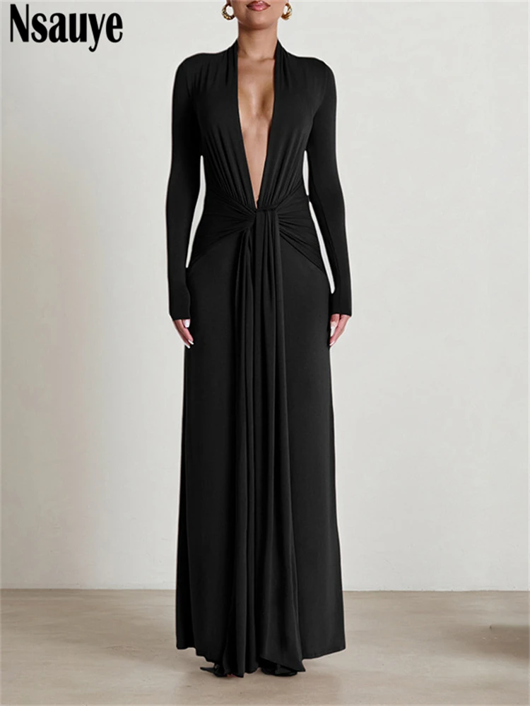 Nsauye Women New Fashion Vintage Elegant Holiday Low Cut Out V Neck Maxi Long Sleeve Dress Sexy Club Party Evening Dress 2025