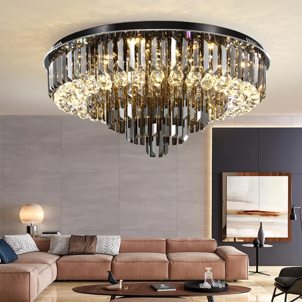 

Luxury Led Ceiling Chandelier For Living Room Big Crystal Lamp Modern Smoky Gray/Clear Cristal Lighting Fixture Round Lustre