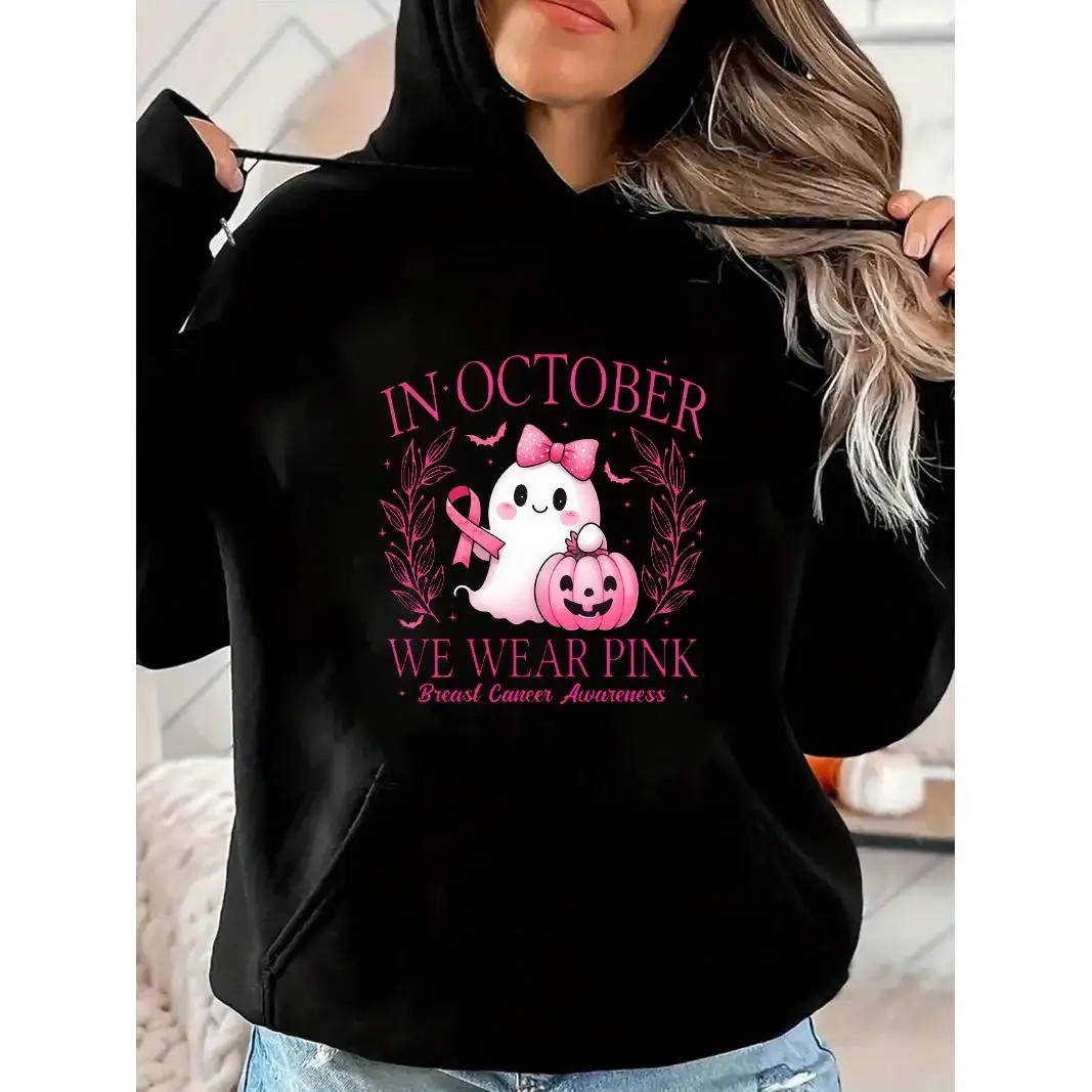 

Breast Cancer Awareness Pink Ribbon Hoodie, In October We Wear Pink Sweatshirt, Cute Ghost Halloween Graphic Pullover for Women