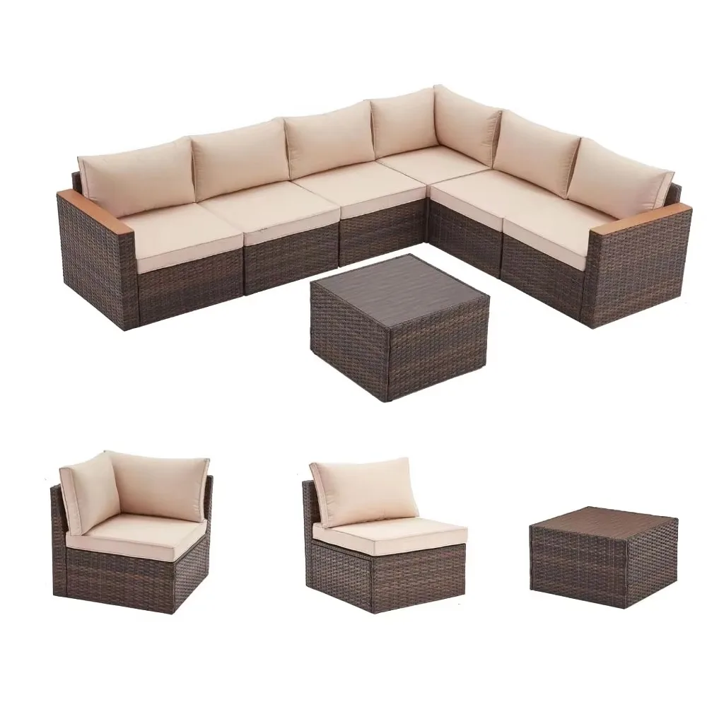 Set furnitur teras, 7 buah furnitur teras luar ruangan, Set Sofa anyaman teras luar ruangan untuk halaman belakang, halaman rumput, luar ruangan