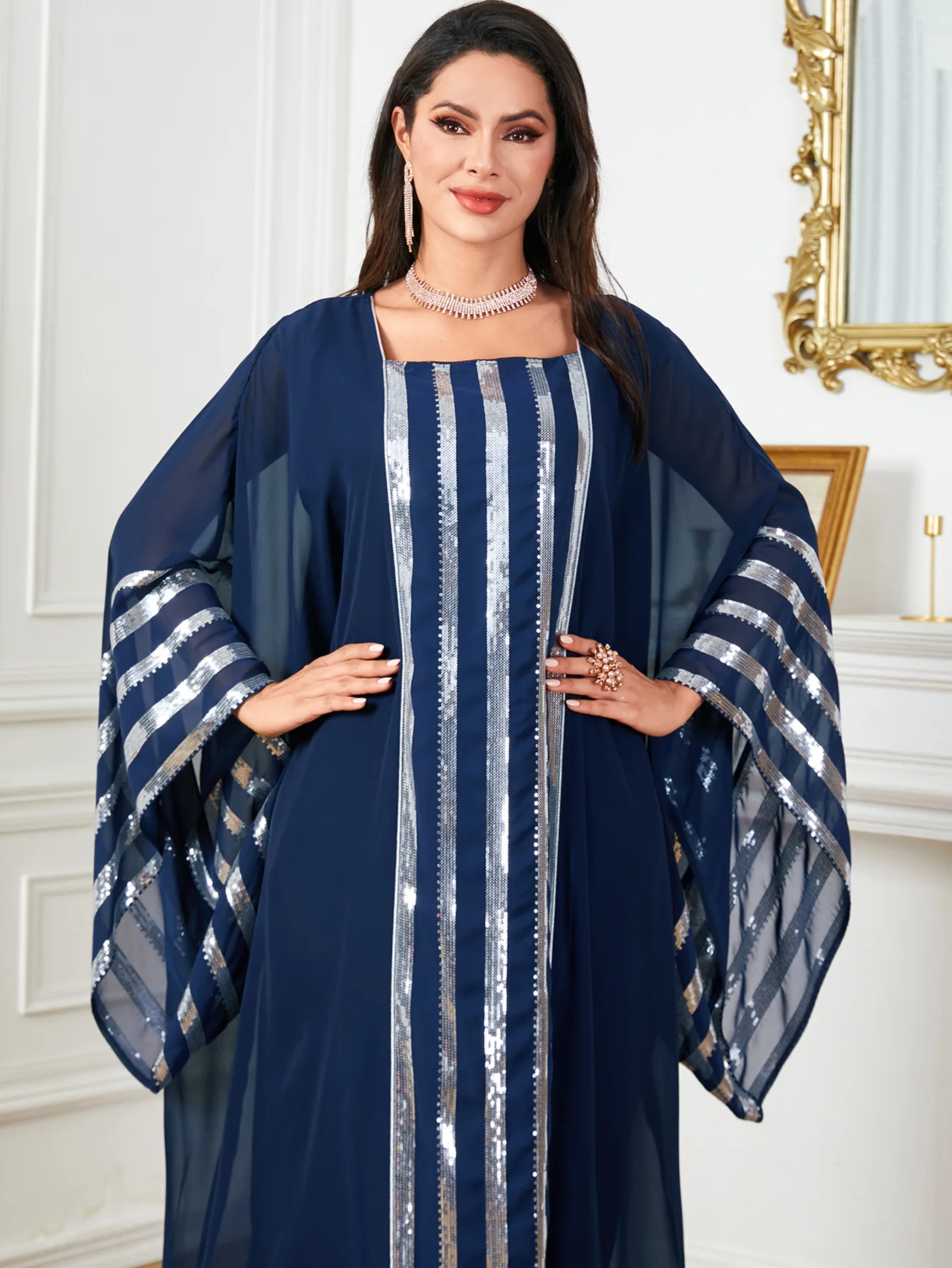 

Femme Musulmane Djellaba Eid Ramadan Abayas for Women Muslim Sequin Batwing Sleeve Maxi Dress Dubai Kaftan Turkey Robe Caftan