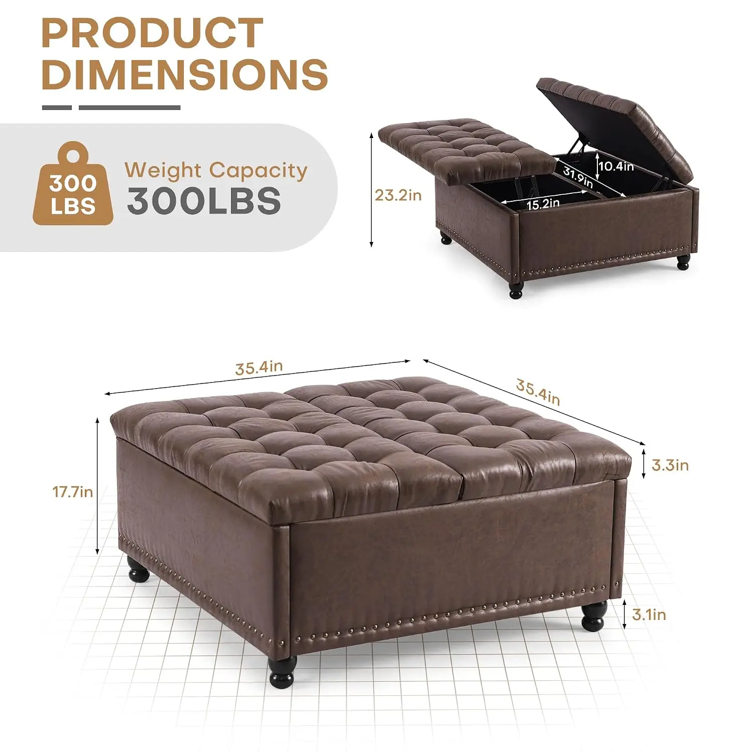 35 Inch Square Storage Ottoman, Lift Top Upholstered Bench Footrest Coffee Table for Living Room Bedroom Leather, Customized
