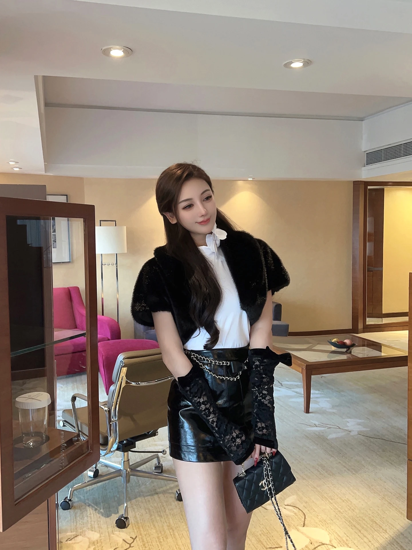 

Ele ort Bla Fur Coat Wang Jiujiu Eco-friendly Mink Collar Faionable Women's High Waist Spring Outfit without Brand